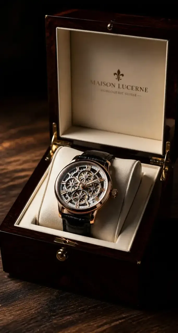 Montre squelette de luxe présentée dans son écrin