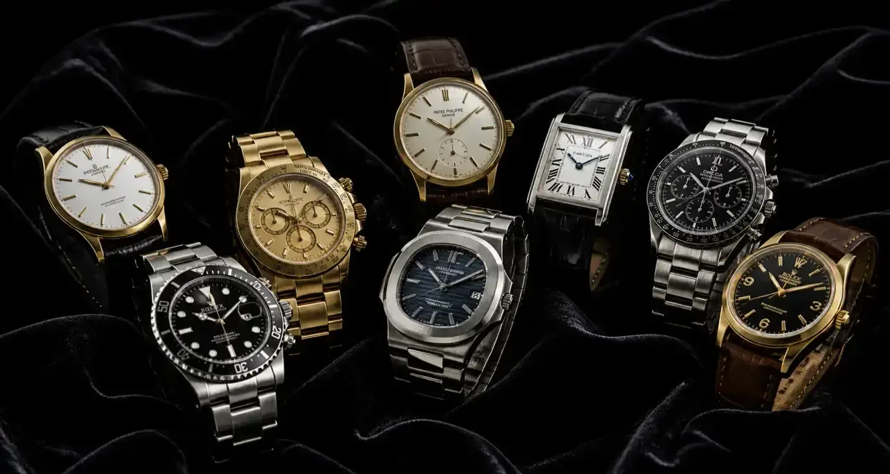 Collection de montres de luxe disposées sur un velours noir