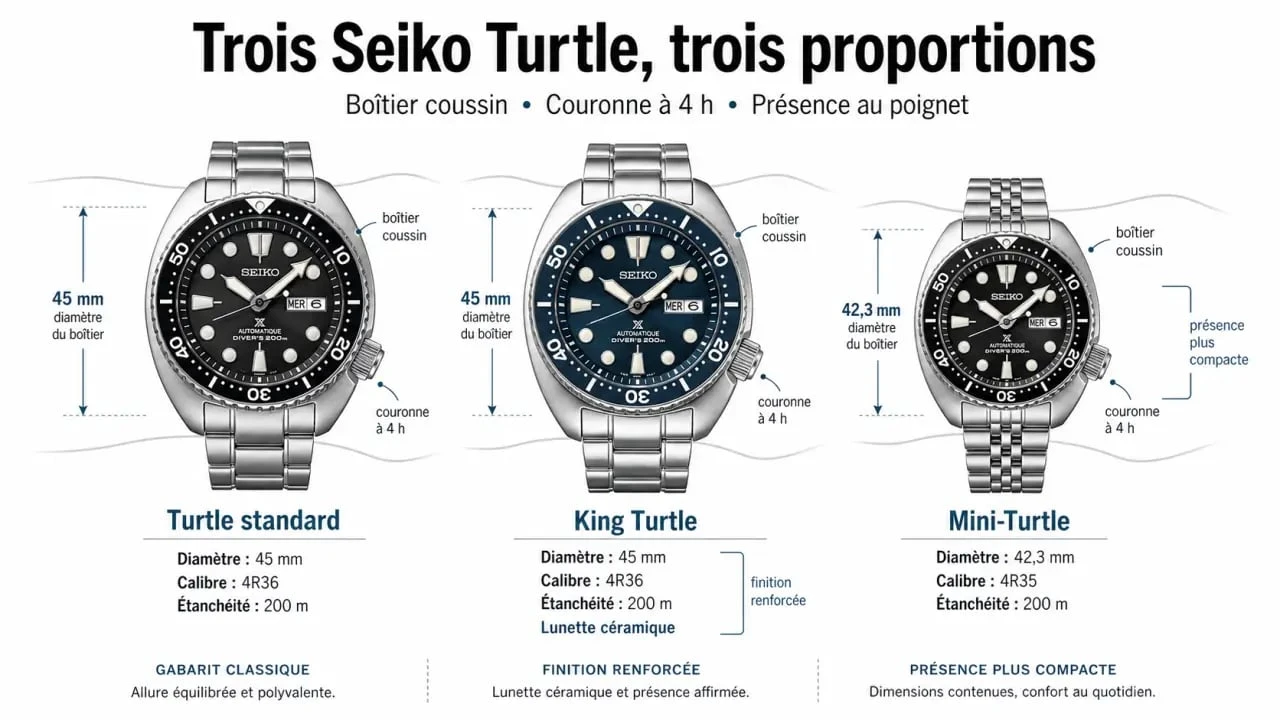 Comparatif Seiko Turtle entre Turtle standard, King Turtle et Mini-Turtle avec diamètres et caractéristiques clés
