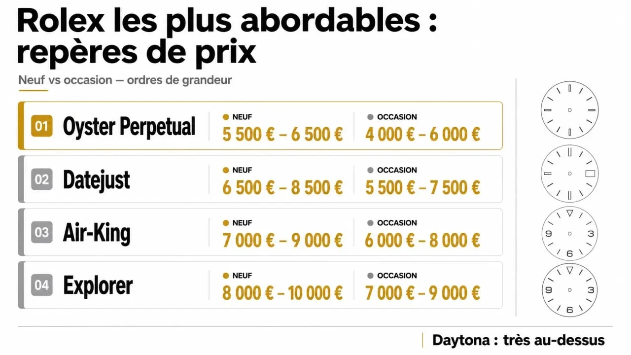 Rolex moins cher : comparatif des modèles Rolex les plus abordables entre neuf et occasion