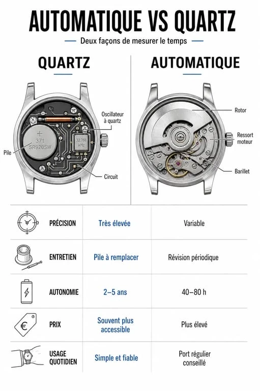 Infographie montre automatique ou quartz : différences de précision, entretien, autonomie et usage