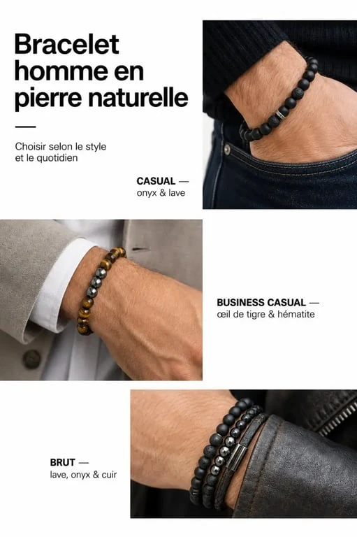 Bracelet homme pierre naturelle porté avec différents styles vestimentaires