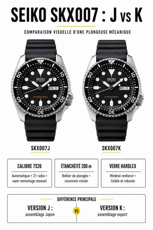 Infographie Seiko SKX007 présentant les différences SKX007J vs SKX007K et ses caractéristiques clés