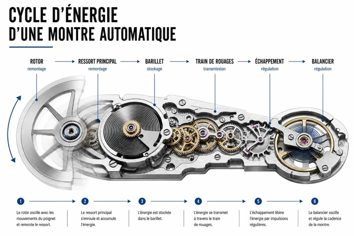 Comment fonctionne une montre automatique : schéma simplifié du rotor, du ressort principal et du balancier