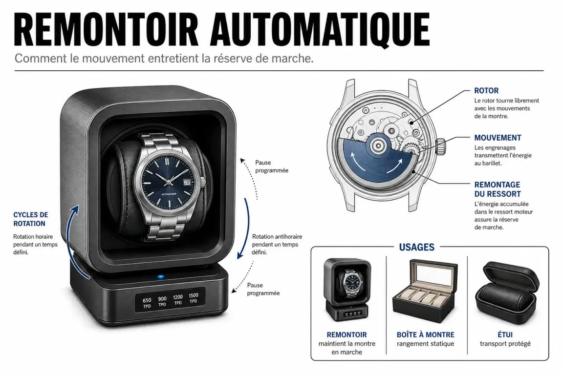 Schéma explicatif d’un remontoire montre automatique montrant le rotor et les cycles de rotation