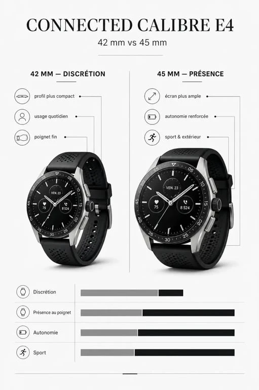 Comparatif TAG Heuer Connected Calibre E4 entre les versions 42 mm et 45 mm