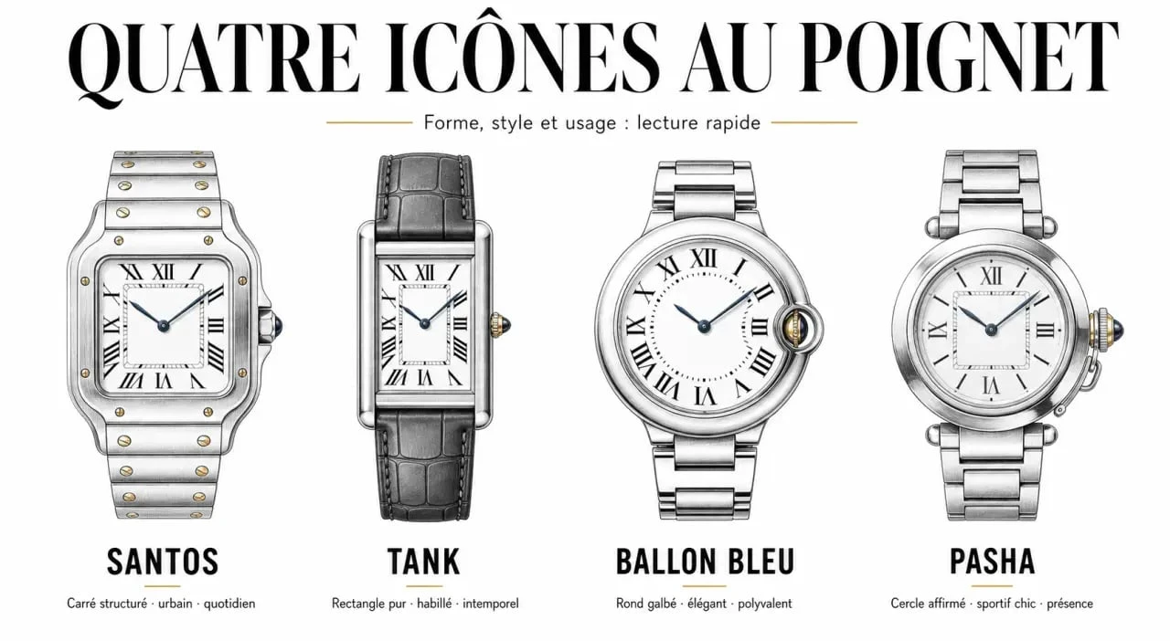 Comparatif des montres cartier homme Santos, Tank, Ballon Bleu et Pasha