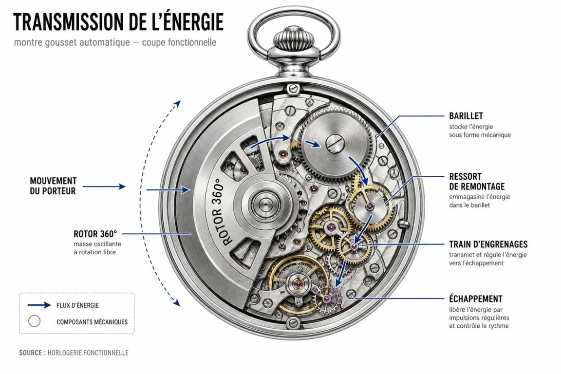 Schéma d’une montre gousset automatique montrant le rotor et le barillet