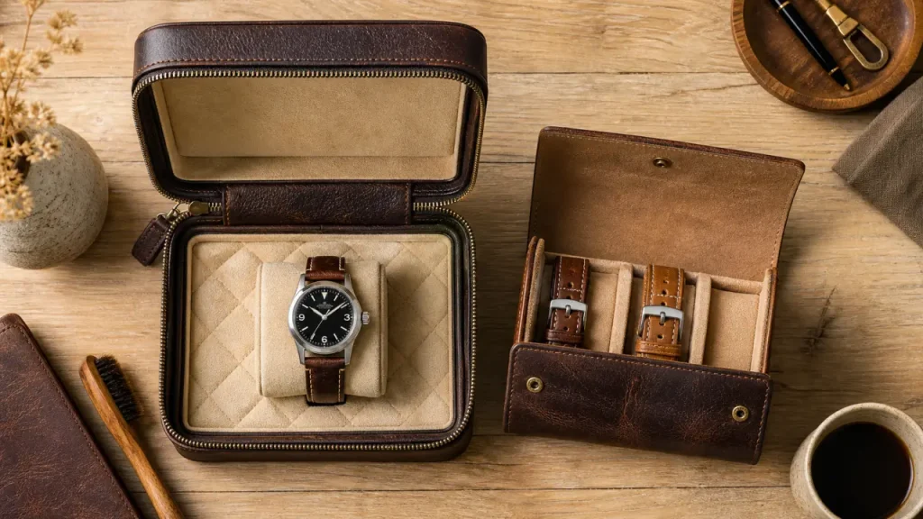 Etui montre de voyage en cuir brun ouvert, watchroll compact pour 1 à 2 pièces