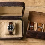 Etui montre de voyage en cuir brun ouvert, watchroll compact pour 1 à 2 pièces