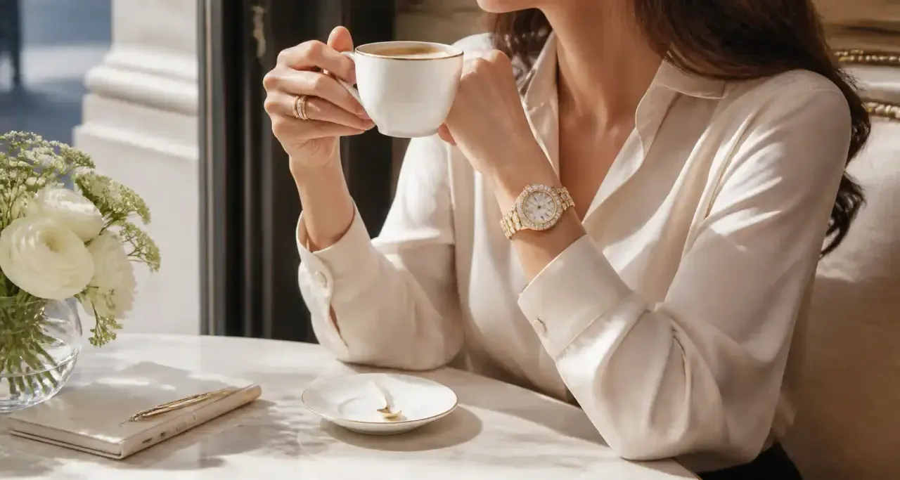 Femme portant une montre-bijou sertie de diamants