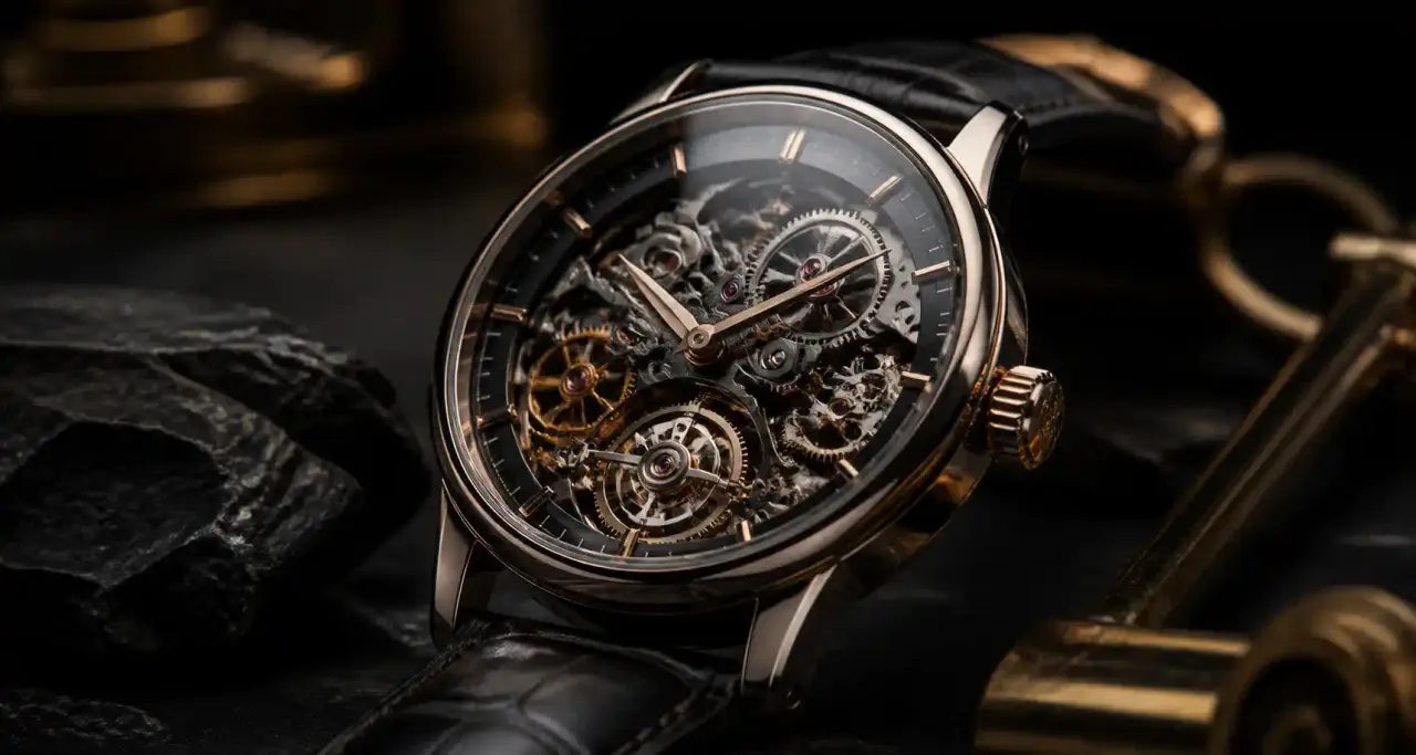 Montre mécanique de luxe mise en lumière sur fond sombre