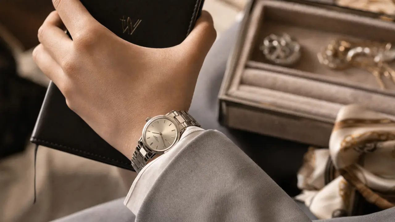 Montre femme Armani en acier sur poignet, gros plan
