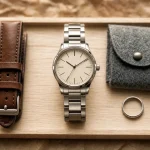 Montre femme Seiko acier sur fond bois clair, cadran crème, vue de dessus