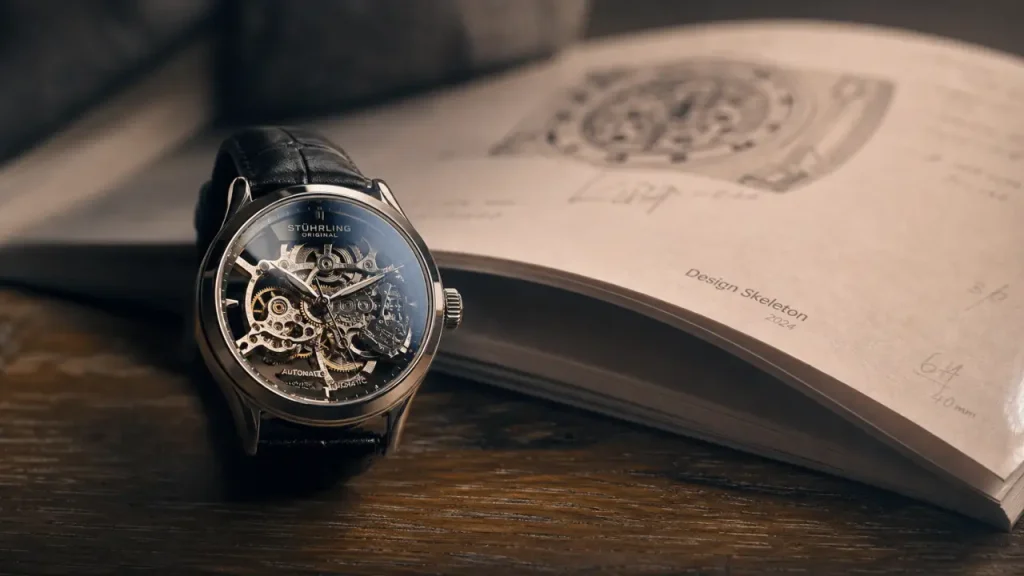 Montre stuhrling automatique skeleton Design Skeleton sur table en chêne brossé