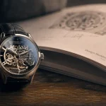 Montre stuhrling automatique skeleton Design Skeleton sur table en chêne brossé