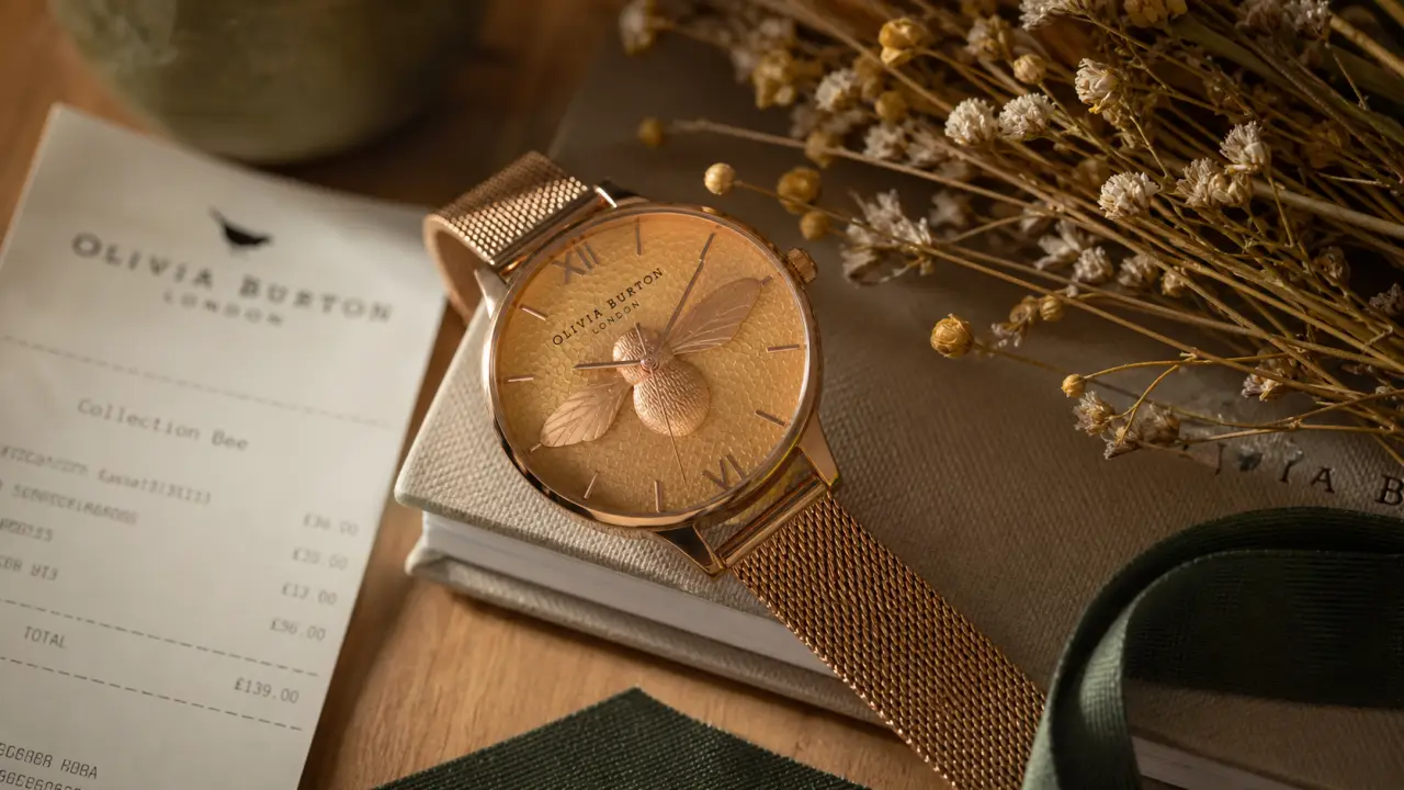 Olivia burton montre Bee sur comptoir bois clair