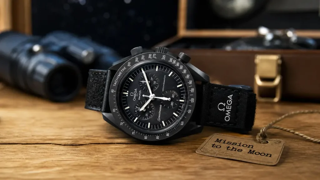 Omega mission to the moon 42 mm biocéramique noire, gros plan