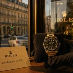 Rolex Paris : main gantée présentant une Rolex devant une vitrine officielle