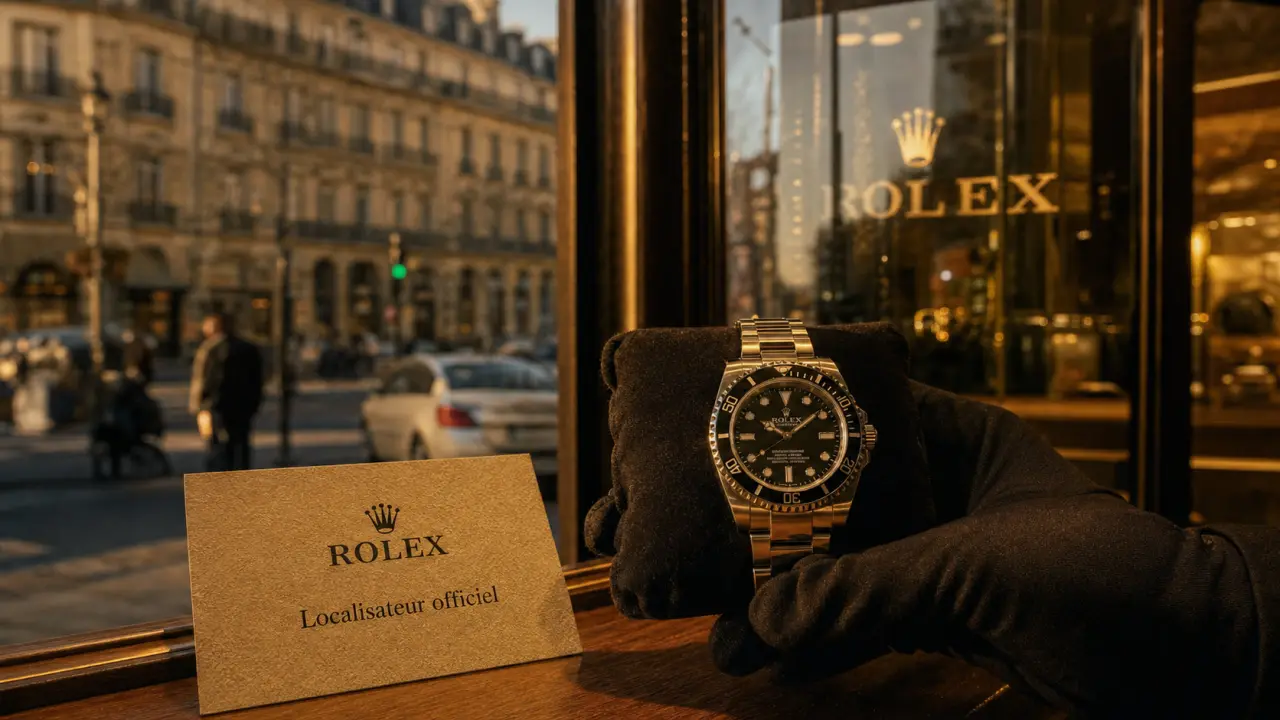 Rolex Paris : main gantée présentant une Rolex devant une vitrine officielle