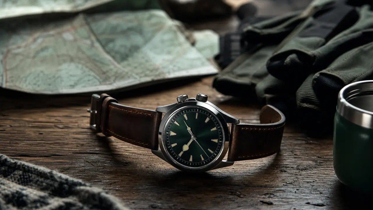 Seiko alpinist 1959 : gros plan lunette boussole, cadran vert