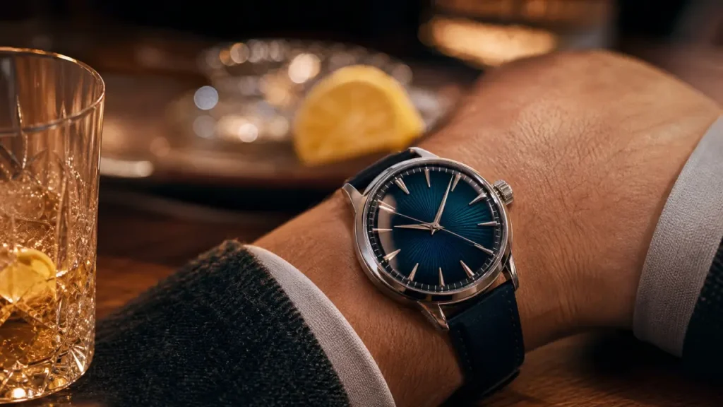 Seiko Presage Cocktail Time, cadran brillant bleu-vert au poignet