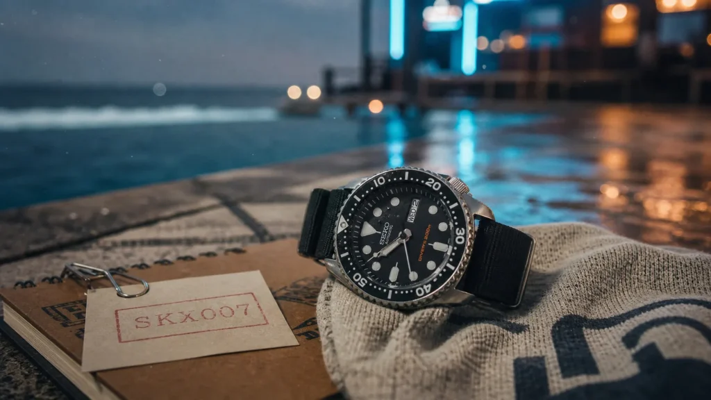 Seiko SKX007 : plongeuse automatique, vue poignet, version J ou K, occasion