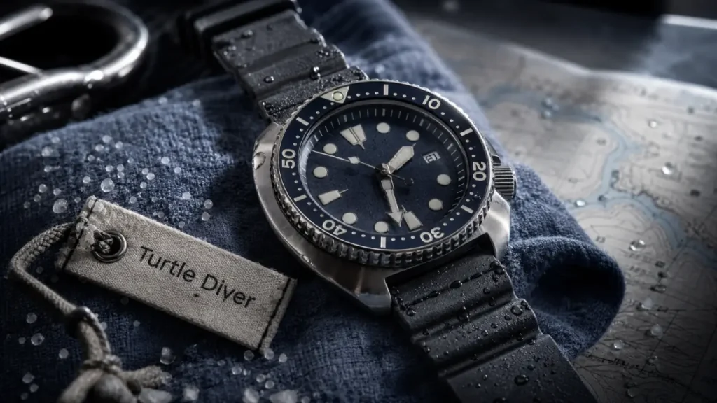 Seiko turtle, plongeuse acier 44,3 mm, gros plan cadran et lunette