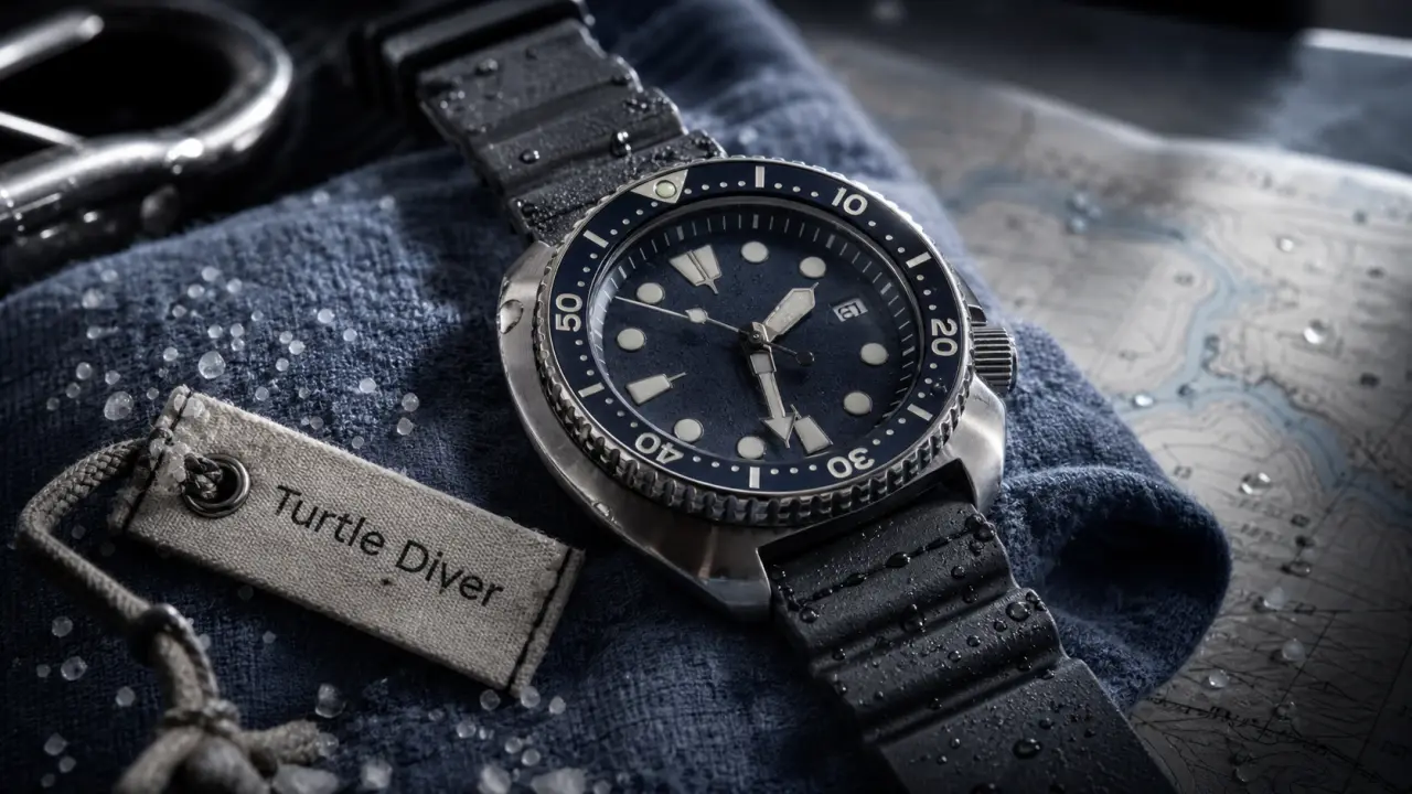 Seiko turtle, plongeuse acier 44,3 mm, gros plan cadran et lunette