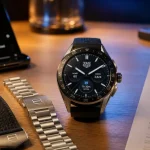 TAG Heuer Connected Calibre E4 sur bureau, vue poignet, bracelets cuir et acier