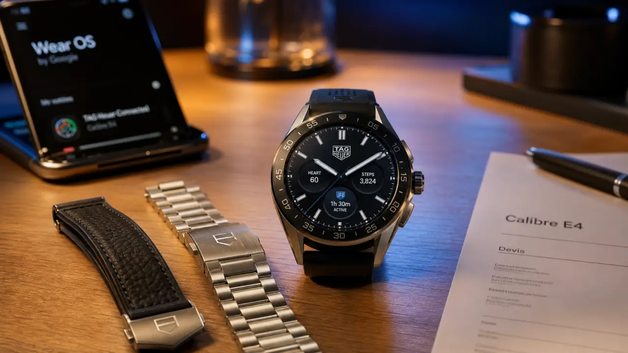 TAG Heuer Connected Calibre E4 sur bureau, vue poignet, bracelets cuir et acier
