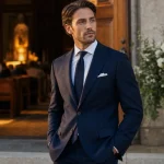 Tenue pour un baptême homme : costume bleu marine, chemise blanche et derby marron