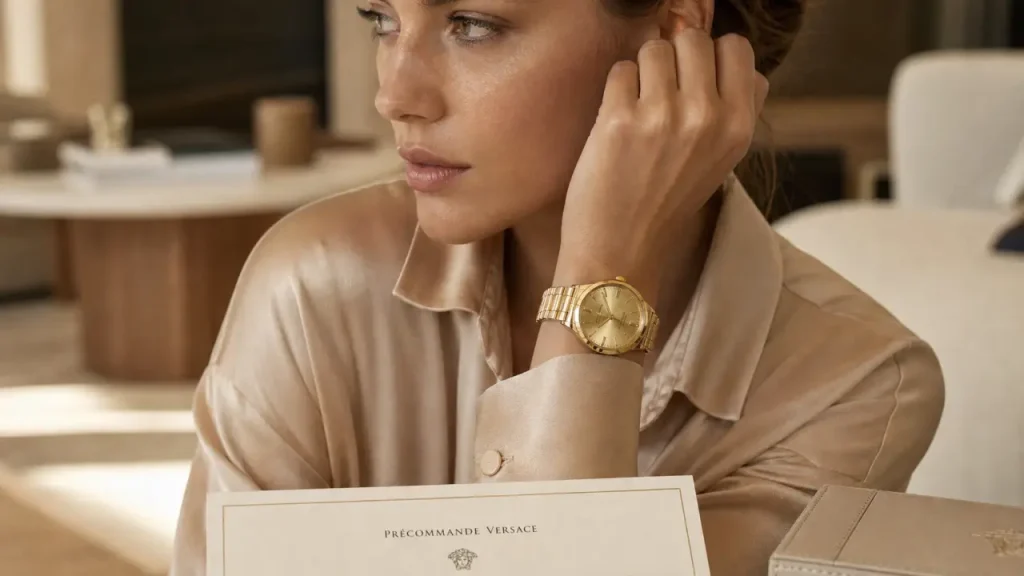 Versace femme montre luxe en précommande sur fond satin beige