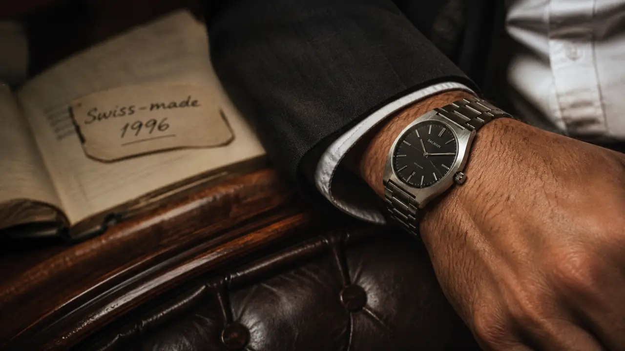 Balmain montres homme : Swiss-made 1996 au poignet, boîtier argent brossé et bracelet acier.