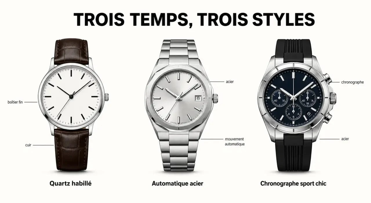 Mauboussin montres homme : trois styles de montres homme de luxe comparés visuellement