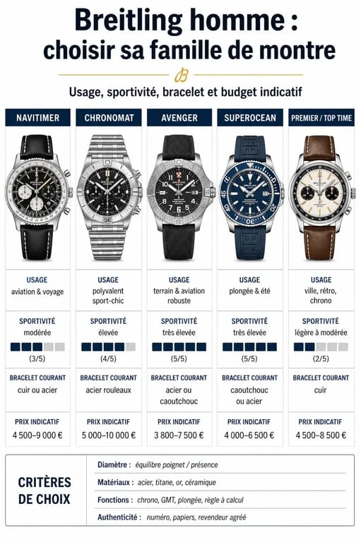 Infographie comparative des montres Breitling homme par collection, usage et prix