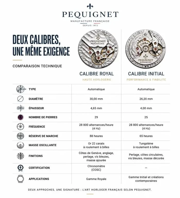 Comparatif des mouvements horlogers Calibre Royal et Calibre Initial pour les montres femme Pequignet