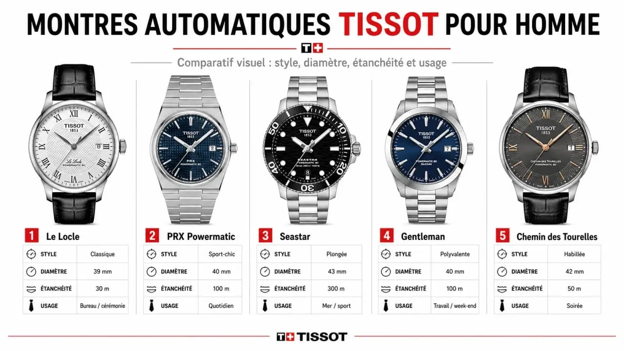 Montres automatiques Tissot homme : comparaison visuelle des collections PRX, Gentleman, Le Locle, Chemin des Tourelles et Seastar