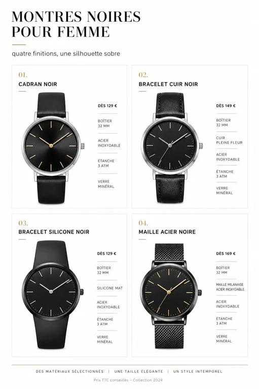 Montres noir femme : comparatif éditorial des styles de cadran, bracelets et fourchettes de prix