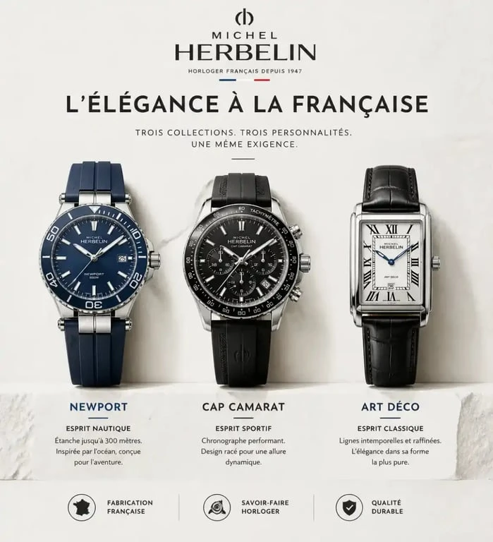 Sélection de montres homme Michel Herbelin : modèles Newport, Cap Camarat et Art Déco