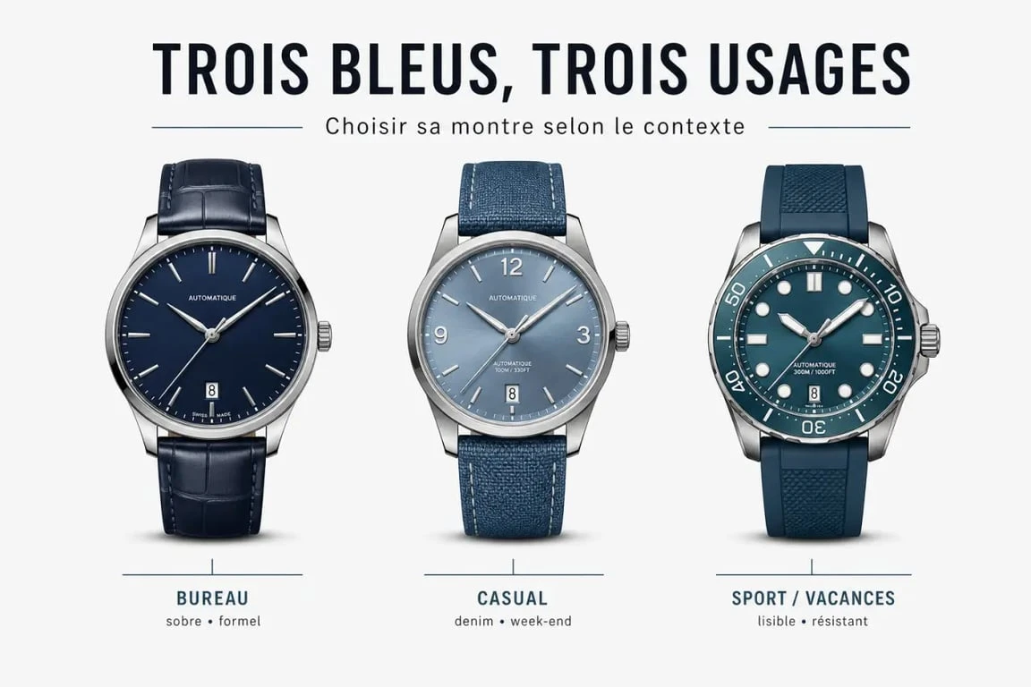 Montres bleues pour homme : comparaison entre cadran bleu, bracelet bleu et nuances bleu marine, bleu ciel et bleu turquoise