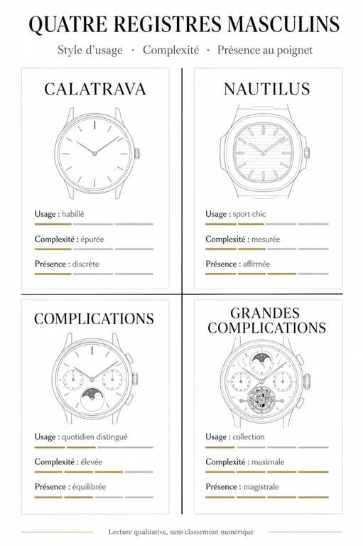 Montres Patek Philippe homme : comparaison visuelle des collections Calatrava, Nautilus, Complications et Grandes Complications