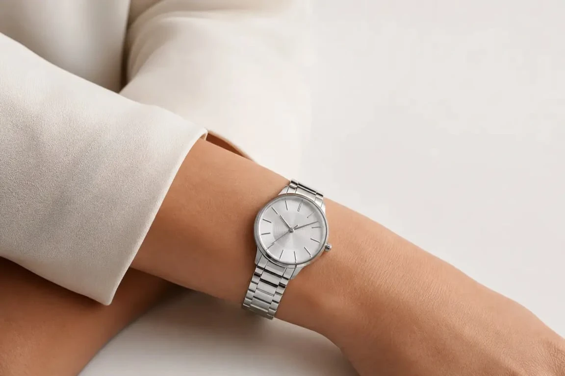 Montre femme argent portée au poignet dans une mise en scène élégante et lumineuse