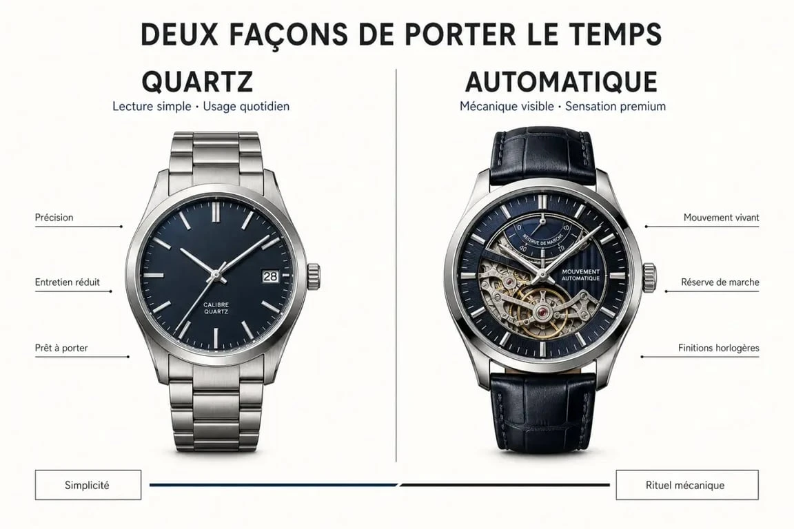 Montres homme Pierre Lannier quartz et automatique comparées dans une composition éditoriale