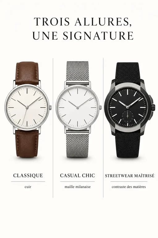 Montres homme Pierre Lannier en styles classique, casual chic et streetwear sur une composition éditoriale