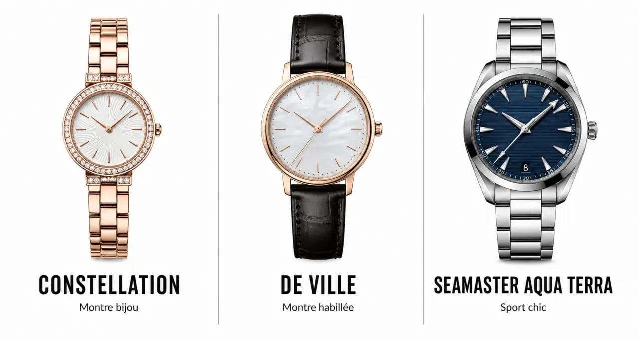 Montres femme Omega : comparaison visuelle des styles Constellation, De Ville et Seamaster Aqua Terra
