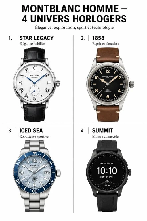 Montres montblanc homme en visuel comparatif des collections Star Legacy, 1858, Iced Sea et Summit