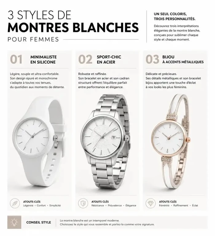 Sélection de montres blanche femme par style : minimaliste, sport-chic et joaillerie.