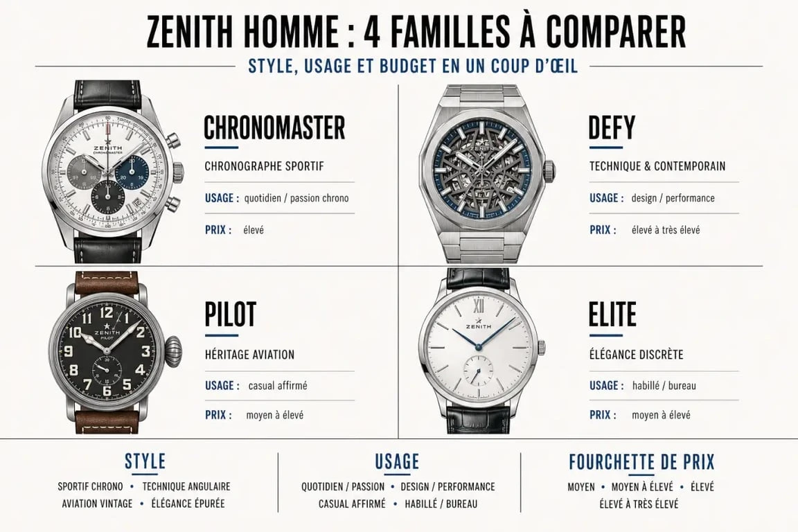 Comparatif des montres zenith homme par collection Chronomaster, Defy, Pilot et Elite