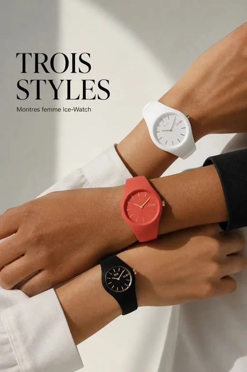 Montres ice watch femme présentées sur des poignets féminins avec différents styles, couleurs et formats